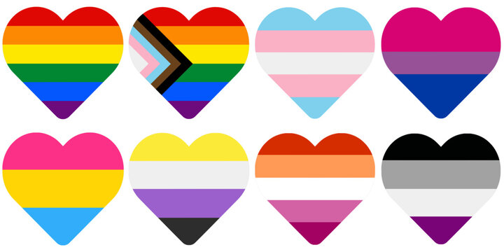 LGBTQ+ Inclusive Flag Heart Set Vector. Pride Month Celebration Symbol. 