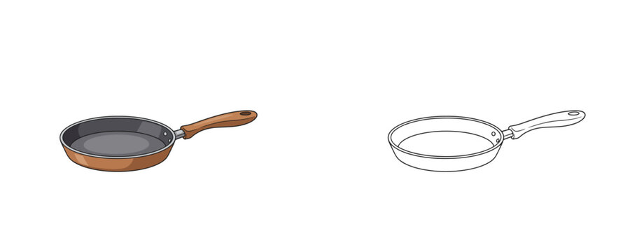 Empty frying pan cartoon illustrations in flat color and black line styles showing traditional metal skillet with wooden handle for cooking food on white background