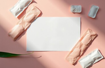 Obraz premium Flat lay top view personal care items scattered on pastel surface. Hygiene pads and clean white sheet for notes. Natural green leaf adds decorative touch. Gentle sunlit shadows create calm mood.