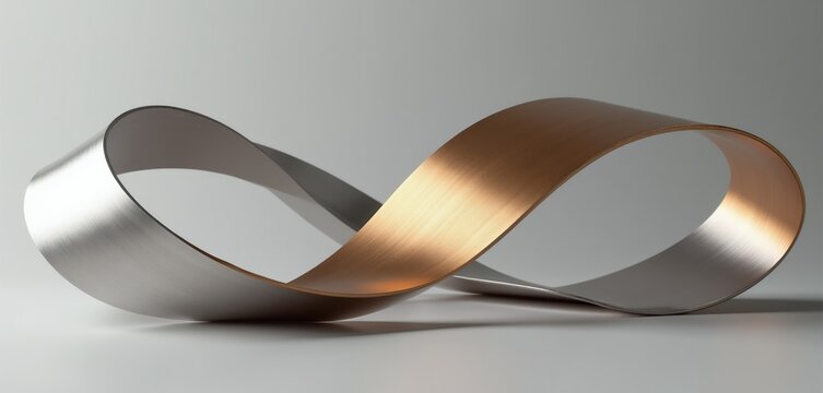 Abstract metallic ribbon curves in a continuous loop. One side shines with bronze hue, the other with silver sheen. Smooth reflective surface creates dynamic shape and infinite design.