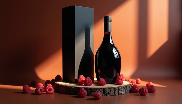 Dark glass bottle with black box packaging sits on wood slice. Ripe raspberries surround display. Sunlight creates warm shadows on backdrop. Product branding, beverage ad, gourmet food presentation.