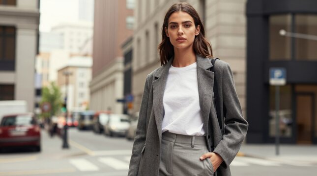Young woman walking on city crosswalk in tailored gray suit