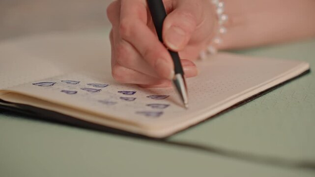 White woman at home drawing fitness tracker icons in dotted notebook with pen and pearl bracelet, closeup on fingers and ink strokes, careful habit planning, neat organized layout and soft afternoon