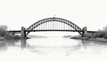 Naklejka premium Steel arch bridge spans wide river, connecting city shores. Bare trees line banks under hazy sky. Water reflects structure, minimal landscape detail.