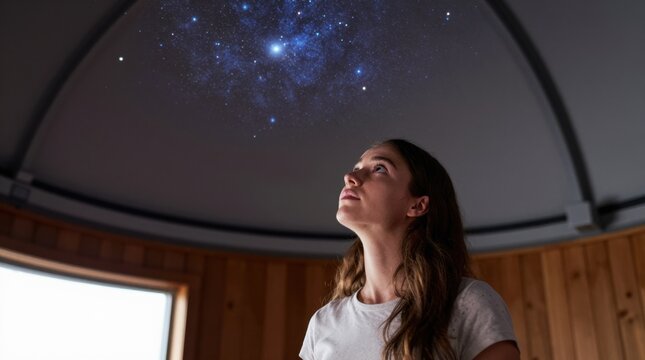 Woman gazing at projected stars inside observatory dome