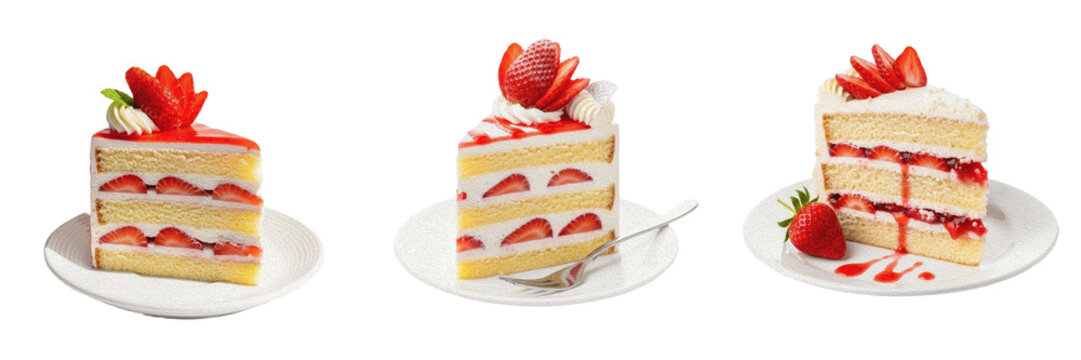 Set of a delicious layered fruit cake slice with fresh strawberry topping, perfect for dessert menu branding, bakery marketing, and sweet snack photography
