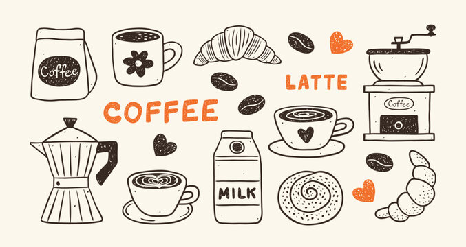 Set of coffee hand drawn doodle sketch. Morning breakfast icons. Cup coffee, croissant, coffee grains, grinder, geyser maker in crayon, chalk, ink drawing style. Vector whimsical line art.
