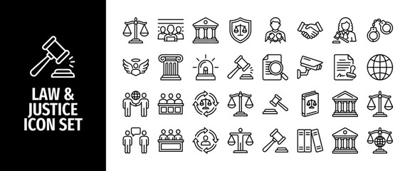 Law and justice line icon set collection of outline symbols for legal system, court, crime, and equality © Abir Creative Studio