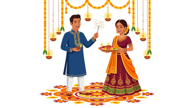 Happy diwali couple in traditional ethnic attire with golden garlands, lit lamps, and colorful rangoli suitable for festive holiday themes.