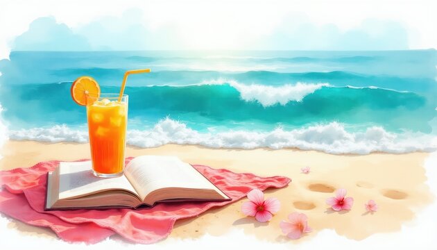 Ocean beach with waves and bright orange drink on open book. Pink towel and flowers on sand. Relaxing seaside vacation with cool refreshment and reading.