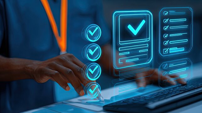 Digital Checklist and Approval Process with Glowing Checkmarks.