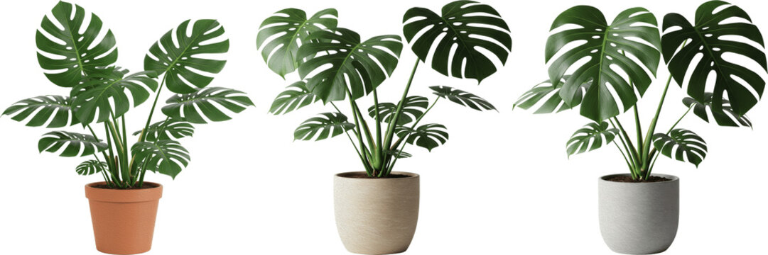 Monstera Deliciosa Potted Plants Set Isolated on White Background Tropical Houseplant Foliage Swiss Cheese Plant Indoor Decor Botanical Greenery Decorative Ceramic Clay Pots Modern Home Interior Acces