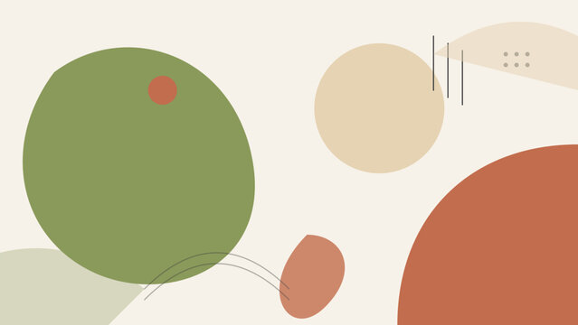 Modern boho abstract background with sage green and terracotta organic geometric shapes and line art.