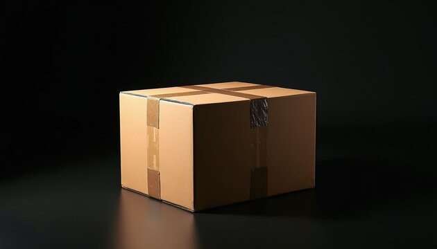 Cardboard package sits on dark glossy surface. Brown box secured with tape is ready for shipping or storage. Item for delivery, logistics, and moving.
