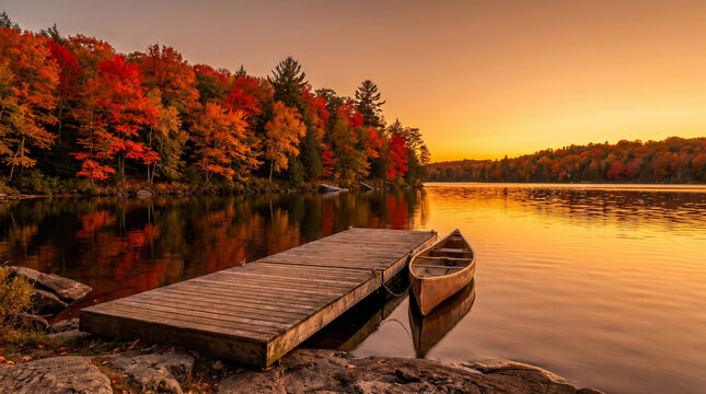 Canadian landscapes a tranquil lake, rustic dock, and canoe reflect vibrant autumn colors under a breathtaking sunset, showcasing nature's peaceful beauty