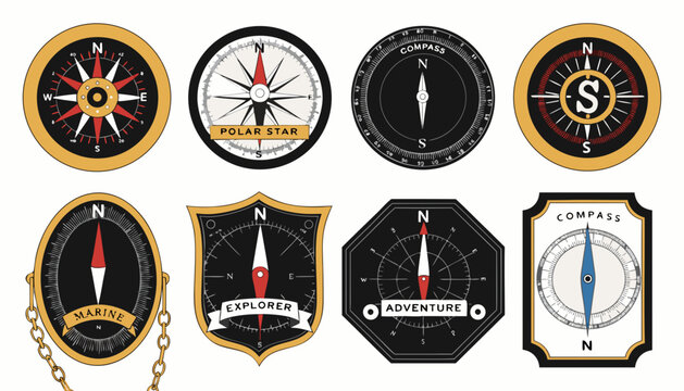 Very beautiful collection of adventure compasses featuring intricate markings, vintage explorer aesthetics, and elegant craftsmanship, isolated on a clean background in premium vector illustration sty