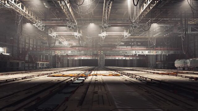 Spacious cargo deck illuminated by warm floodlights, sleek panels, rail grooves, drone charging pads, subtle LED accents, quiet logistics hub vibe ready