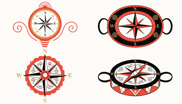 Very beautiful collection of adventure compasses featuring intricate markings, vintage explorer aesthetics, and elegant craftsmanship, isolated on a clean background in premium vector illustration sty