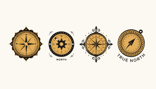 Very beautiful collection of adventure compasses featuring intricate markings, vintage explorer aesthetics, and elegant craftsmanship, isolated on a clean background in premium vector illustration sty