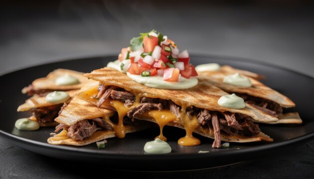 Closeup medium shot of crispy quesadilla wedges filled with savory shredded beef and melting cheese accented by lime crema and vibrant pico de gallo on matte black plate