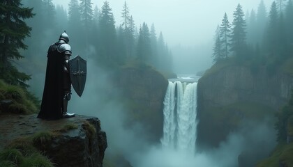 Fototapeta premium Armored knight with shield stands on rocky ledge. Waterfall cascades down cliff in misty forest. Lone warrior observes natural scene. Epic fantasy landscape, sense of adventure.