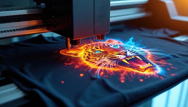 Digital printer applies hot graphic of roaring jaguar head onto black t-shirt. Machine prints fiery animal design for apparel customization. Fast textile printing technology creates vibrant custom