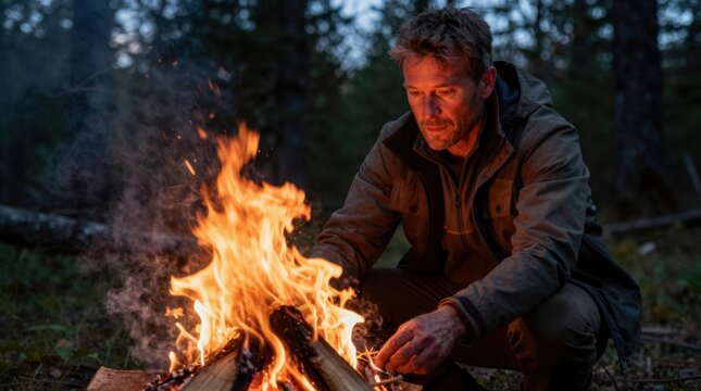 Adult man stoking campfire near forest under nightfall sky