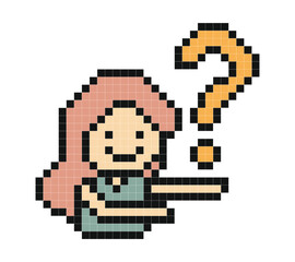 Fototapeta premium Cartoon pixel art of woman girl and question mark confused cute design.