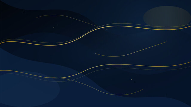 Abstract luxury navy blue background with elegant golden wavy lines and minimalist curve pattern