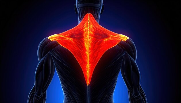 3D Human Trapezius Muscle Anatomy, Back View, Red Highlighted