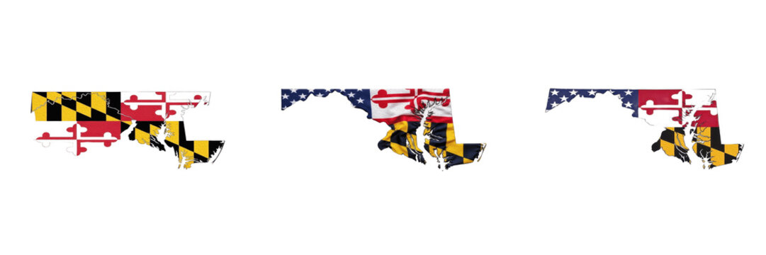 Set and Collection of Detailed Outline Map of Maryland State with US Flag Texture - Patriotic Graphic Element for Travel, Education, Political, and Cultural Projects, Isolated on transparent PNG backg