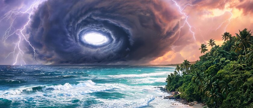 Dramatic ocean storm featuring a giant vortex formation over the sea near a tropical coastline. Extreme weather, climate crisis and natural disaster concept.
