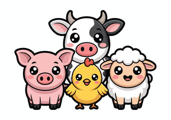 Obraz premium Cute cartoon farm animals standing together on white background