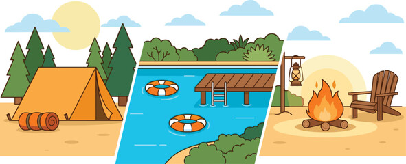 Vector illustration of campsite, lake dock, and campfire representing outdoor recreation, camping, swimming, and leisure themes © Sheikh