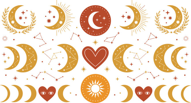Vector illustration of celestial symbols including moons, stars, suns, constellations, and hearts representing astrology and mysticism themes