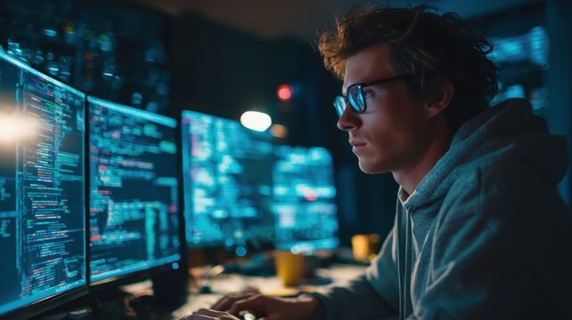 複数のモニターに表示されたコードを集中して見る男性プログラマー。ITやソフトウェア開発の現場イメージ