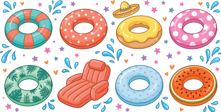 Vector illustration of colorful pool floats with donut, watermelon, and tropical designs representing summer, fun, and leisure themes