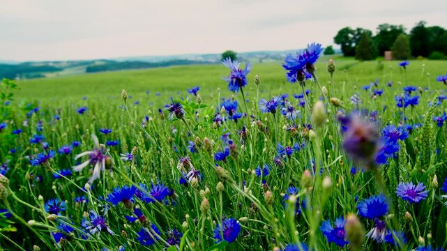 cornflowers in a wheat field against the backdrop of mountains