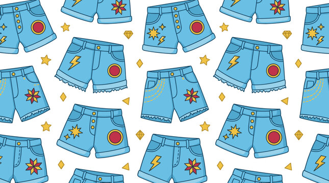 Vector illustration of denim shorts with colorful motifs and seamless pattern representing fashion, textile, and playful themes