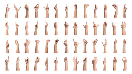 Naklejka premium Collection of hand gestures isolated on white. Women showing arms, closeup