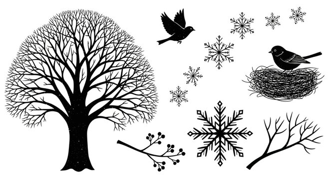 Winter tree with snowflakes and bird in nest, seasonal background