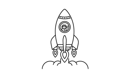 Cartoon rocket ship launching with astronaut inside, simple line art © Ahmed