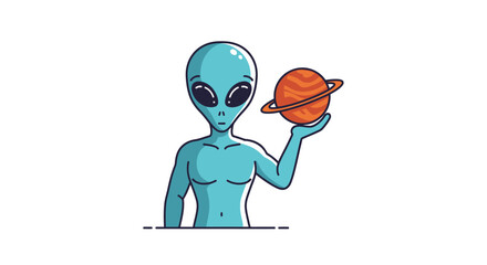 Cartoon alien holding a planet, isolated on white background © Ahmed