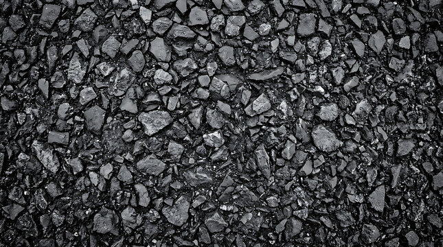 Highcontrast texture of crushed black basalt rocks and bitumen for road paving Industrial dark charcoal coal surface for energy and infrastructure