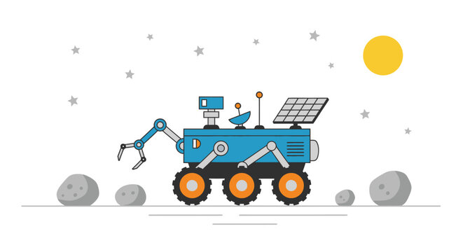 Blue space rover on moon surface with stars and sun illustration