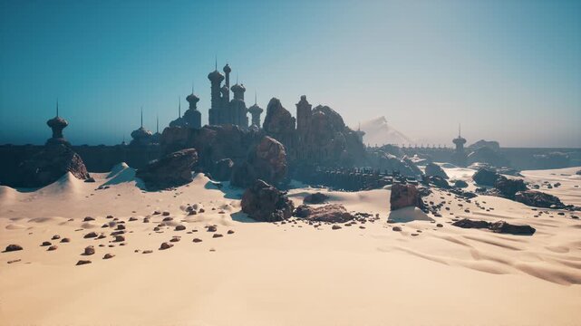sunlit sand shore ruined fortress silhouette midday glare over scorched dunes and coastal rubble, abandoned outpost fragments near tide line, rusted structures
