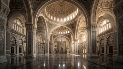 Obraz premium Magnificent Islamic prayer hall featuring grand domes, elegant arches, soft sunlight, and intricate architectural details in a peaceful sacred environment without people.