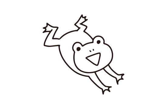 飛び込むようにジャンプするかわいいカエルの線画イラスト