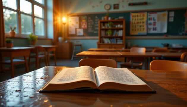 Open book on wooden desk in classroom with warm sunlight shining through window creating cozy learning atmosphere