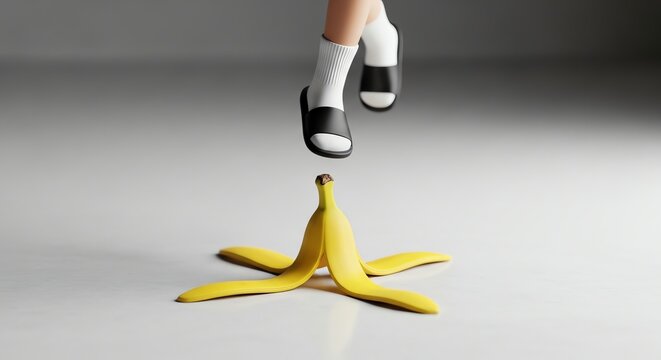 Person narrowly avoids slipping on banana peel, concept of bad luck and danger